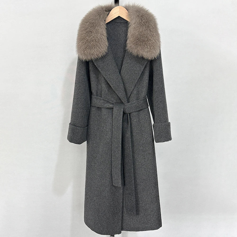 Fox Fur Collar Elegant Double-sided Wool Blend Coat Cashmere Wool Jacket