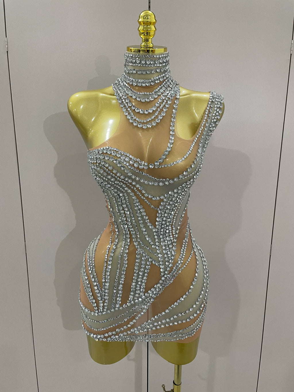 Luxury Sparkly Crystals See Through Mini Dress