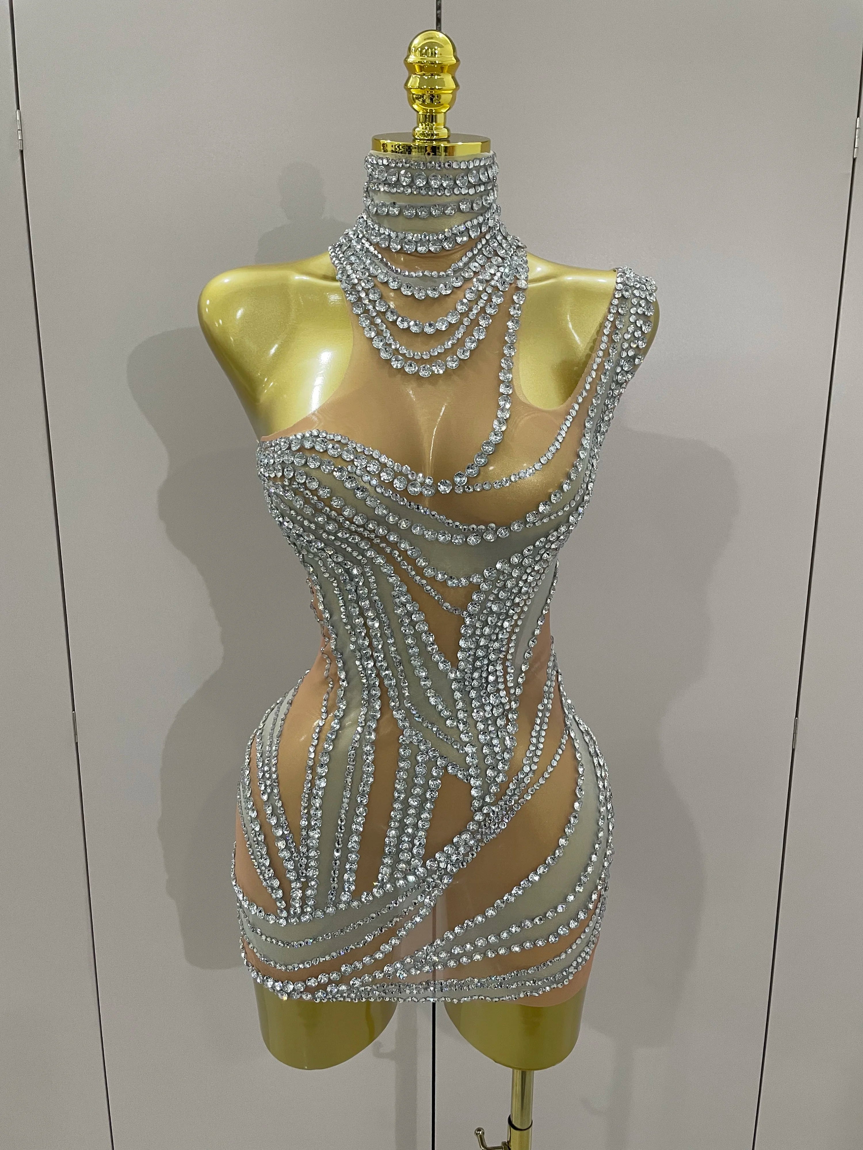 Luxury Sparkly Crystals See Through Mini Dress