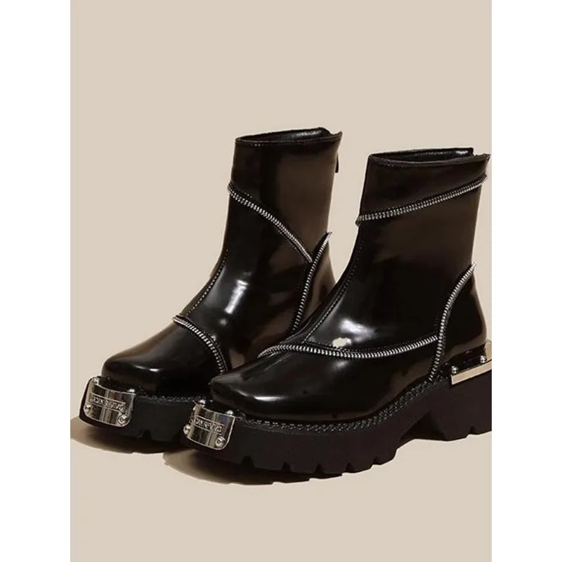 British Style Square Toe Chelsea Boots Retro Metal Functional Booties