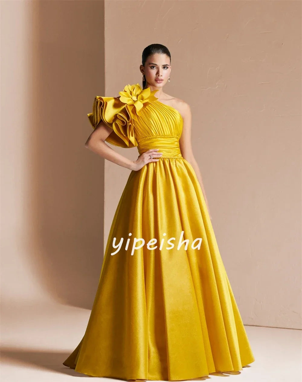 Exquisite Modern Pleat Draped Style Handmade Ruched A-line One-shoulder Long Dresses Evening Dress