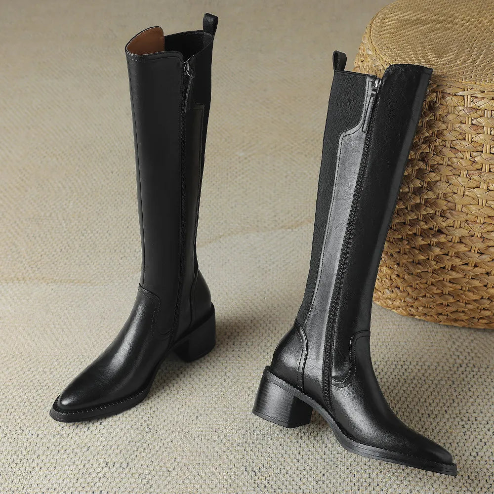 Women's Genuine Leather Side Zip Knee High Pointed Toe Boots