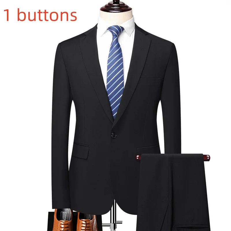 Suit (Blazer+ Pants) Fashion Men Outdoor Business Casual British Style Solid Color