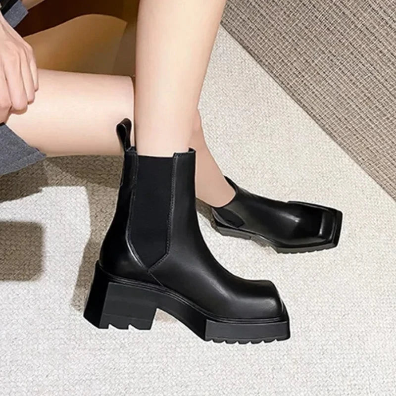 Black Chunky British Style Leather Heel Chelsea Ankle Boots