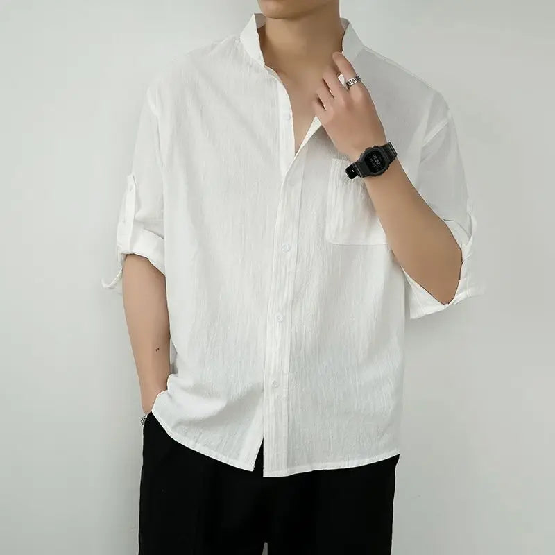 Plain Linen And Cotton Half Sleeve Shirt
