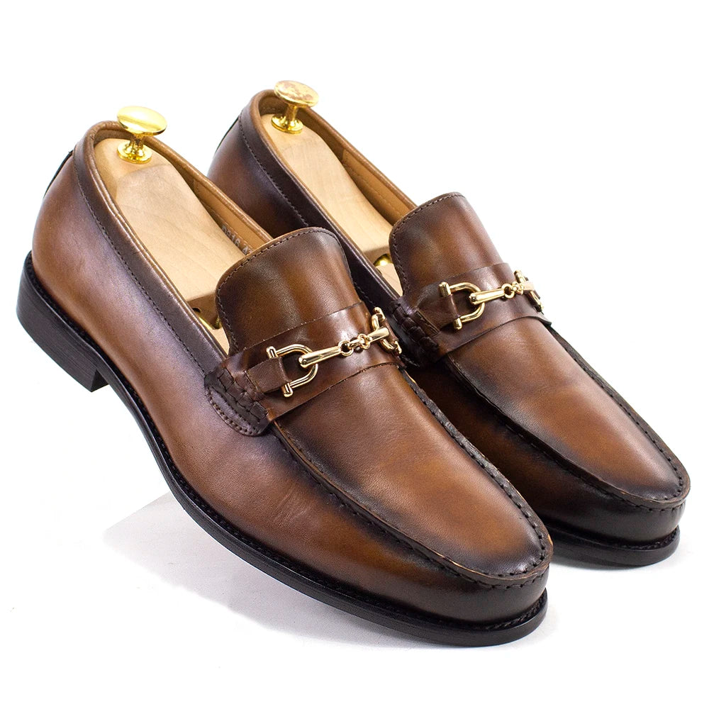 Handmade Genuine Leather Metal Chain Loafers
