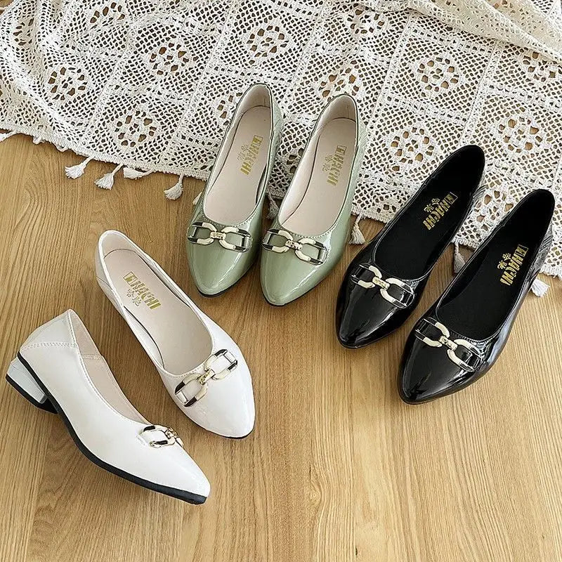 Pointed Toe Patent Leather Low Heel Single Slip on Classic Shoes