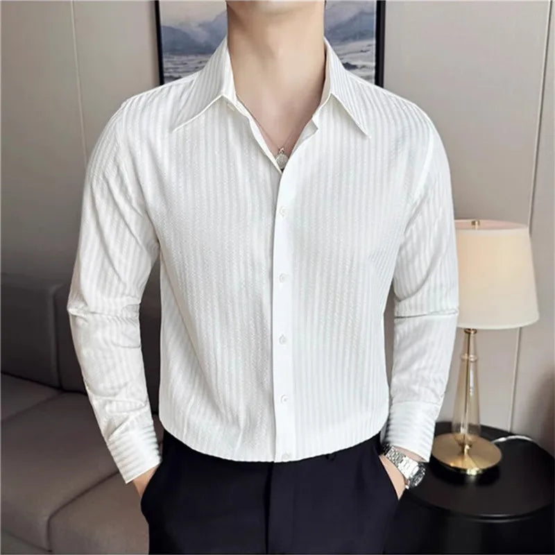 Long Sleeve Striped Smart Casual Turn Down Collar Slim Fit Shirts