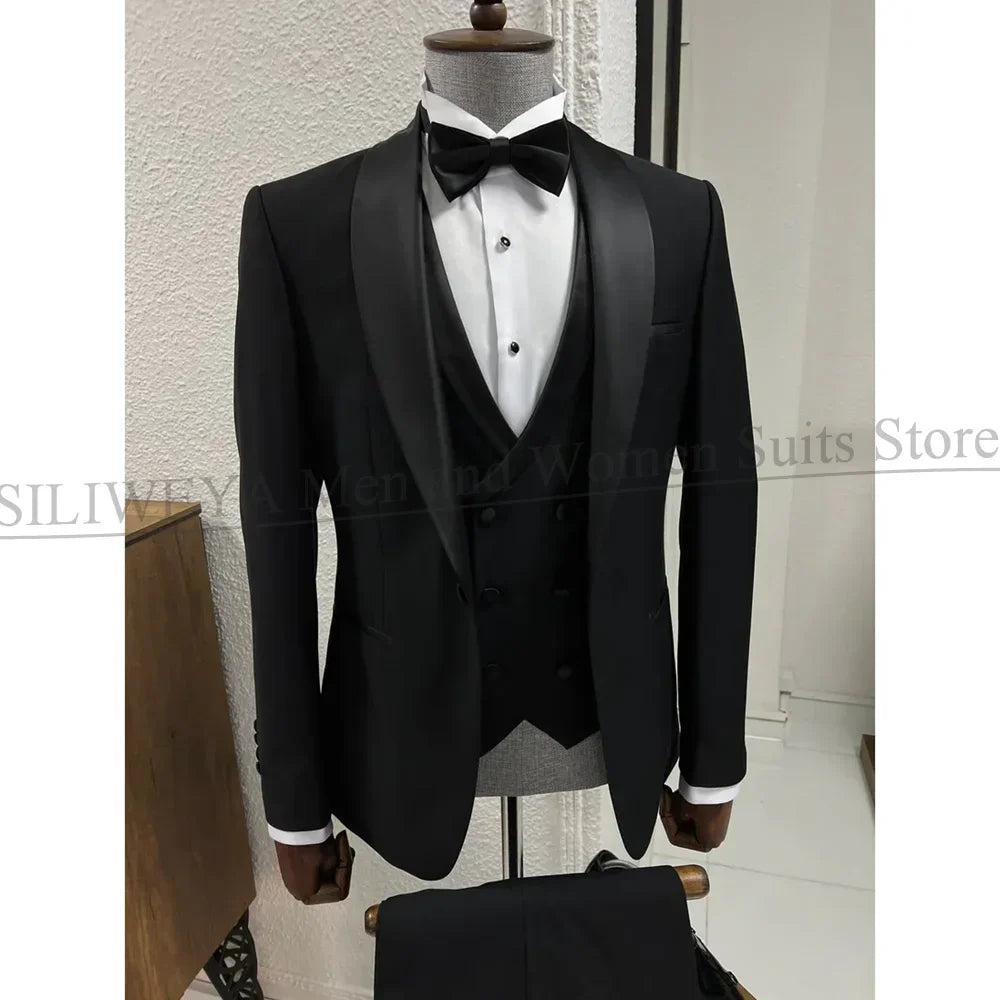 Black Suits for Men 3 Piece Classic Shawl Lapel One Button Tuxedo Fashion Groom Wedding Party Banquet Dinner Slim Male Suit