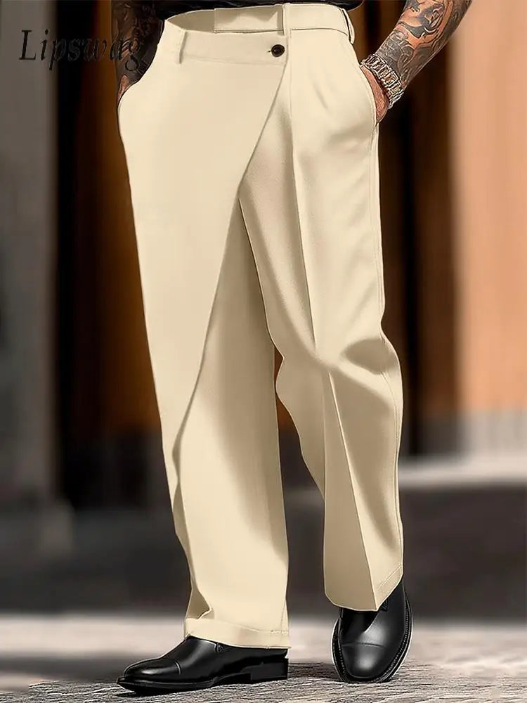 Casual Mens Trousers Vintage Pleated Solid Color Loose Straight Pants