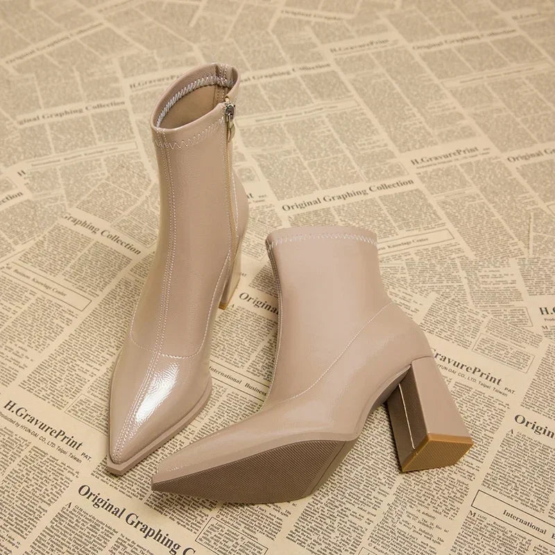 Pointed Toe Thick Heel French Ankle Boots