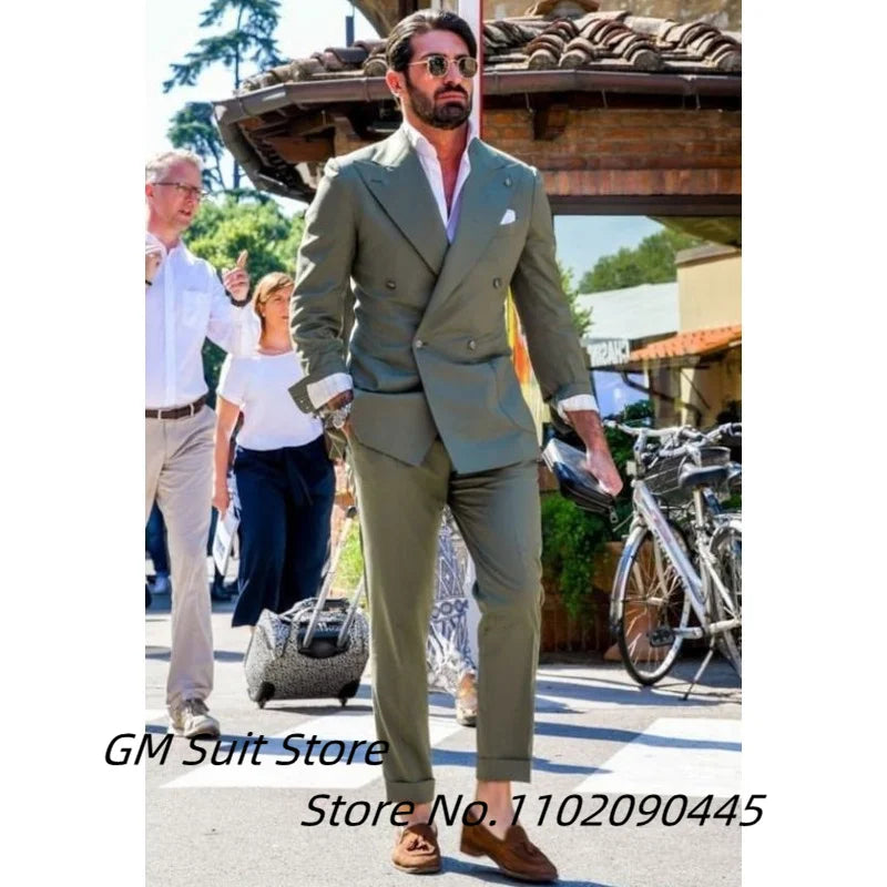 Two-piece Slim Fit Solid Color Double Breasted Spike Lapel