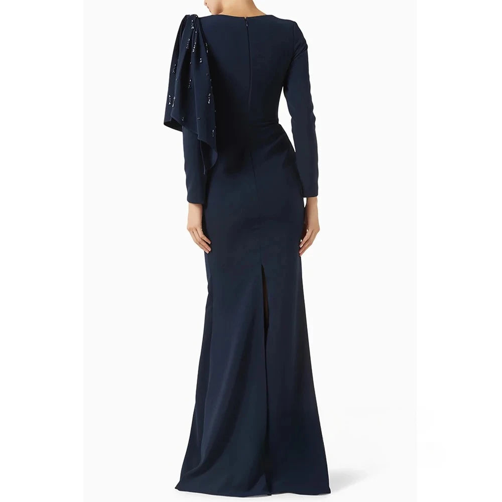 Red Modest Evening Dress Customized Round Neck Long Sleeves Beading Back Slit Mermaid Prom Gown Saudi Arabian Style Party Dresses