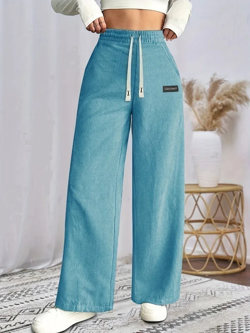 Women's Solid Tapered Trousers - Soft Comfortable All-Season Casual Pants with Drawstring Waist & Cuffed Hem Straight-Leg Design