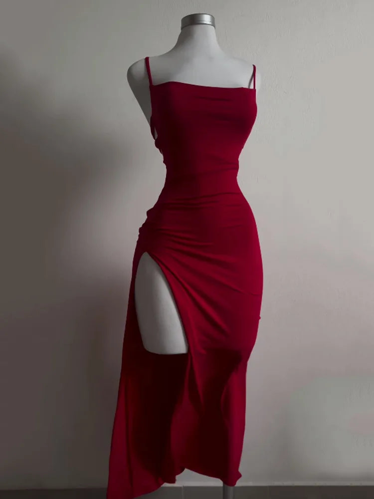 Elegant Sexy Bodycon Sleeveless Halter Back Tie Backless Split Dress