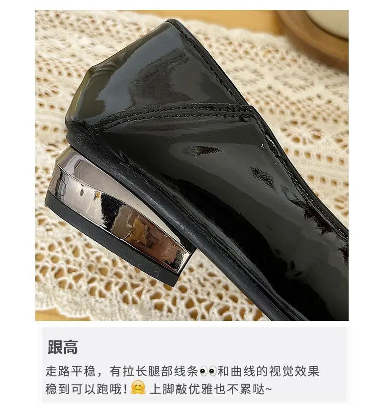 Pointed Toe Patent Leather Low Heel Single Slip on Classic Shoes