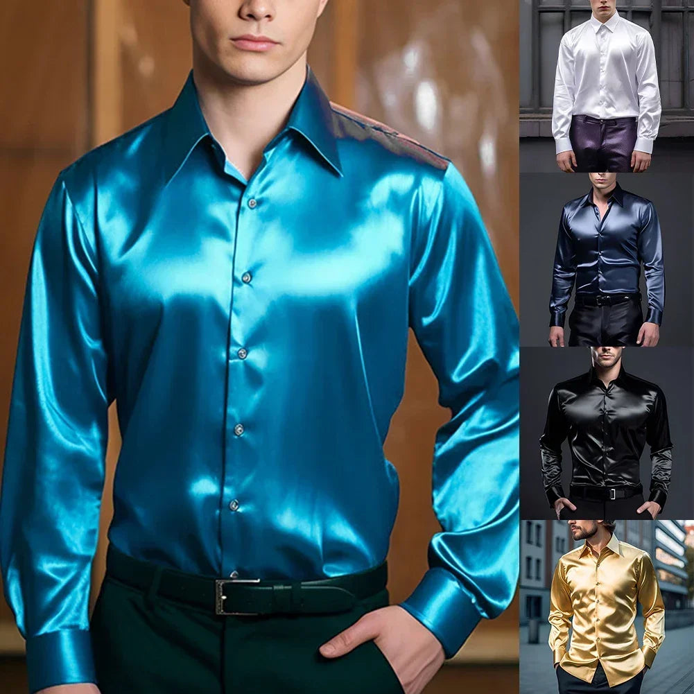 Elegant Slim Fit Long Sleeve Satin Silk Dress Shirt