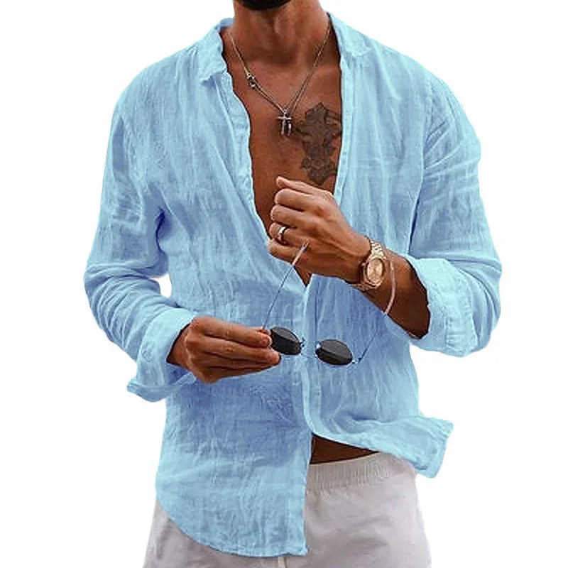 Men's shirt, solid color, loose-fitting, single-breasted, turn-down collar, cotton-linen long-sleeved top