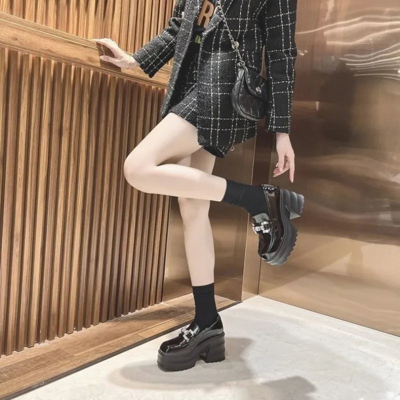 British Style Chunky Thick High Heel Satile Small Leather Shoes