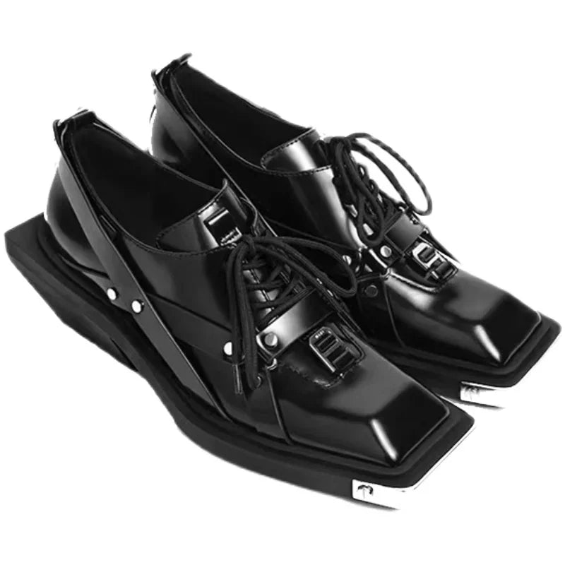 Metal Head Decorate Leather Thick-soled Non-slip Square Head Wedge Shoes