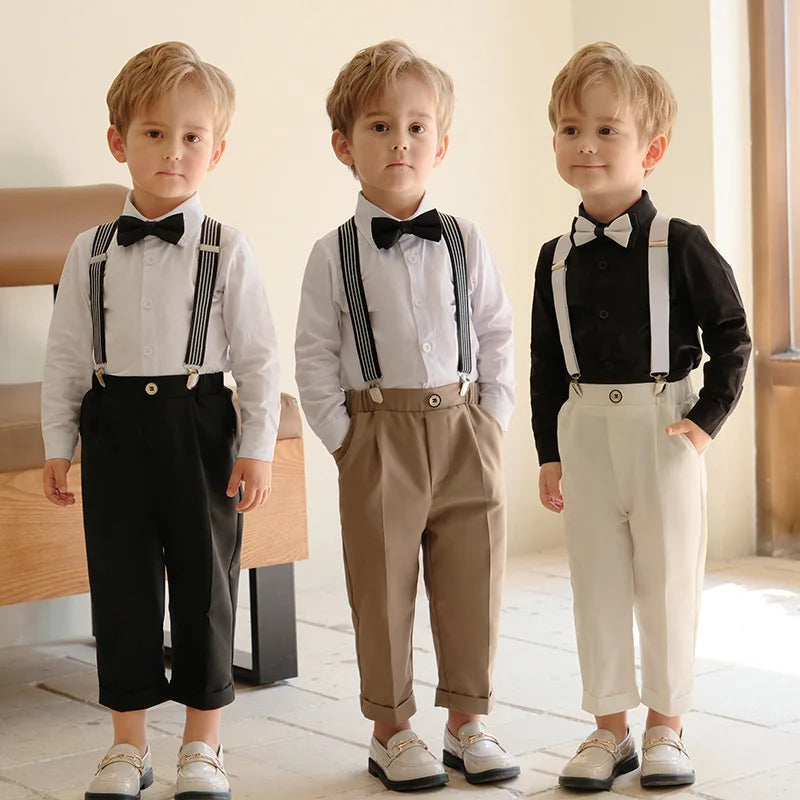 4 Pieces/set Boys Formal Elegant British Style Strap Shirts Outfits Set