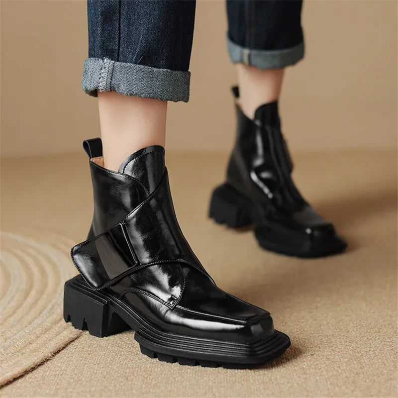 Split Leather Women Boots Square Toe Chunky Heel Platform Boots