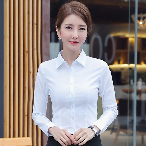 Elegant White Blouses Shirt Long Sleeve