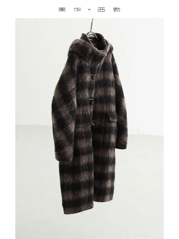 Plaid Coat~ Retro Style Horn Button Mid-Length Coat Women's Alpaca Wool British Style