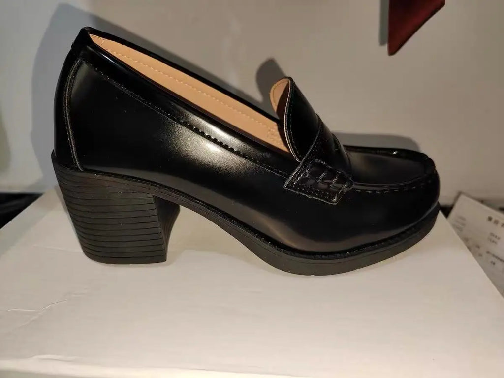 High Chunky Heel Women College Shoes Slip On Work Loafer jk style