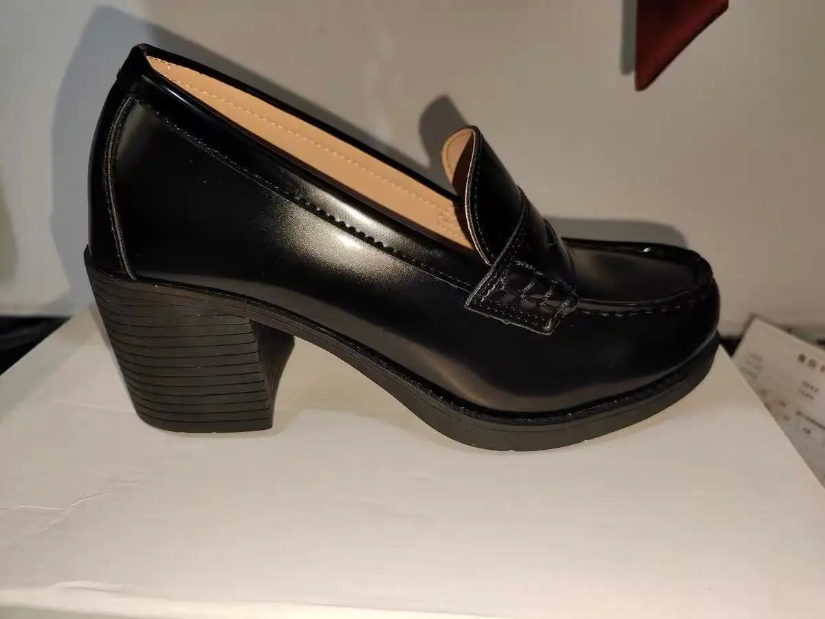 High Chunky Heel Women College Shoes Slip On Work Loafer jk style