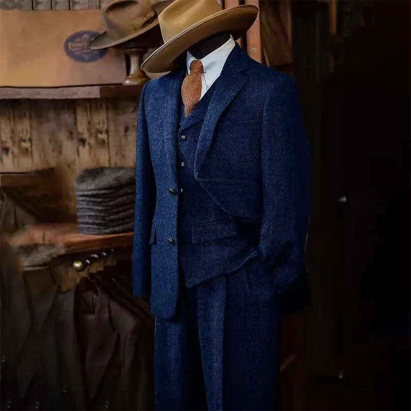 3 piece Slim Fit Herringbone Pattern Single Breasted Suits