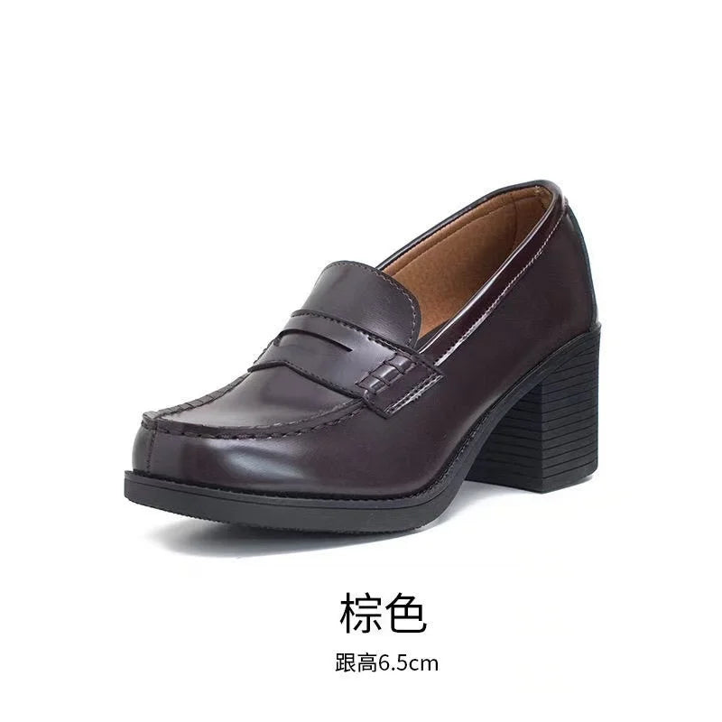 High Chunky Heel Women College Shoes Slip On Work Loafer jk style