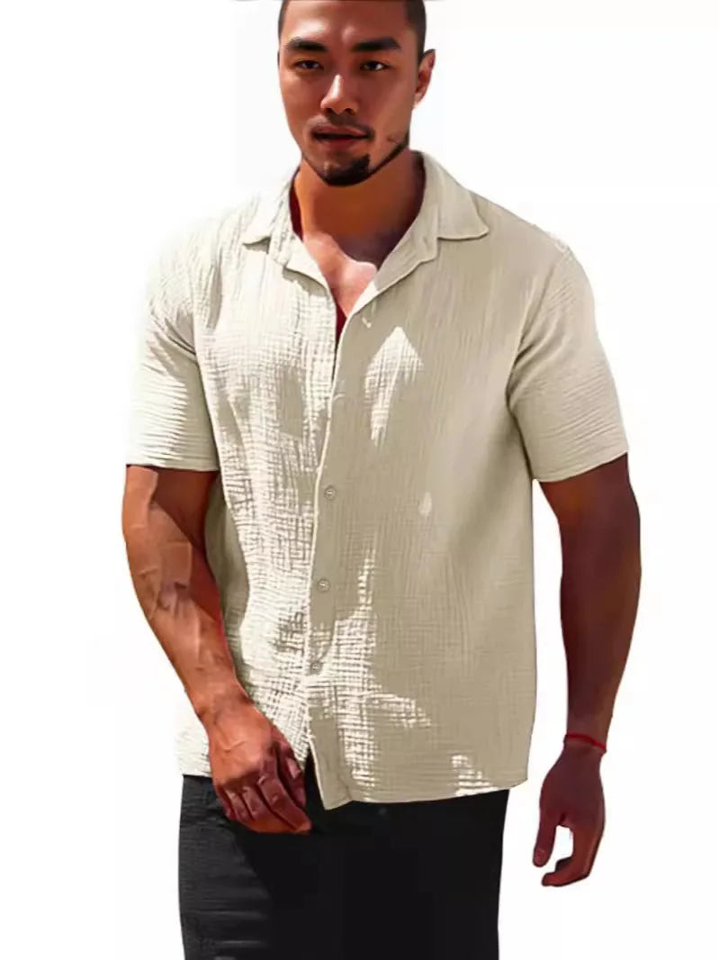 Lapel Solid Color Short Sleeve Button Loose Breathable Sweat Absorption Shirt