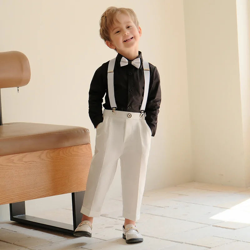 4 Pieces/set Boys Formal Elegant British Style Strap Shirts Outfits Set