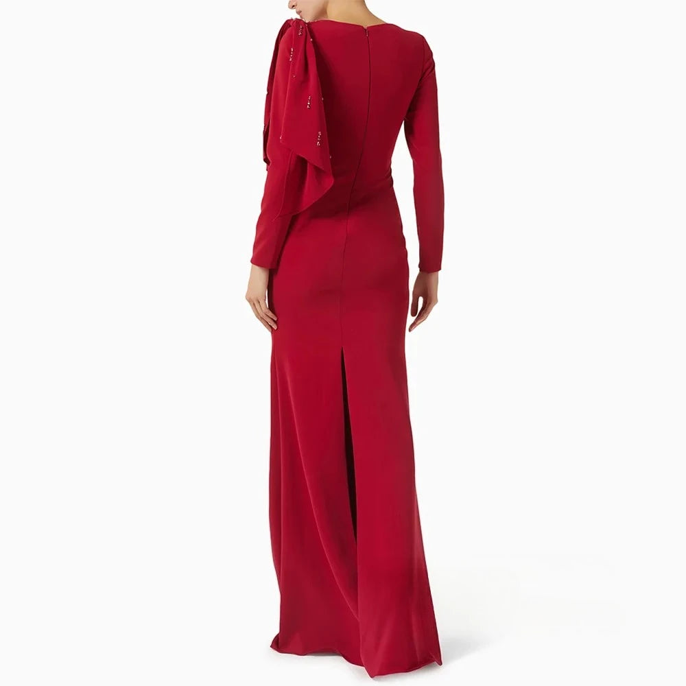 Red Modest Evening Dress Customized Round Neck Long Sleeves Beading Back Slit Mermaid Prom Gown Saudi Arabian Style Party Dresses