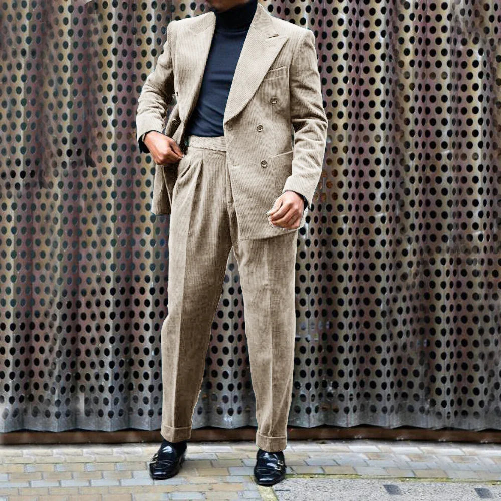 Men's Corduroy Suit Peak Lapel 2 Piece Jacket + Pants Double Breasted Best Party Casual Men's Wedding Outfit Full Suit
