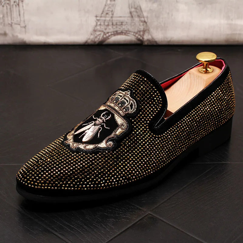Pointed Rivet Embroidery Rhinestone Casual Loafers