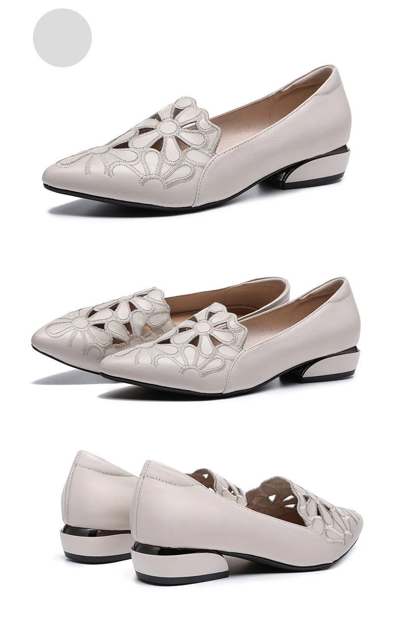 Mid Heel Leather Hollow Out Black Square Heel Shoes