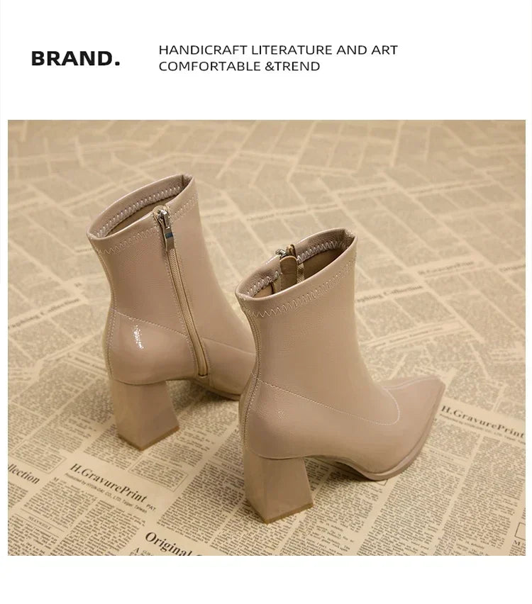Pointed Toe Thick Heel French Ankle Boots