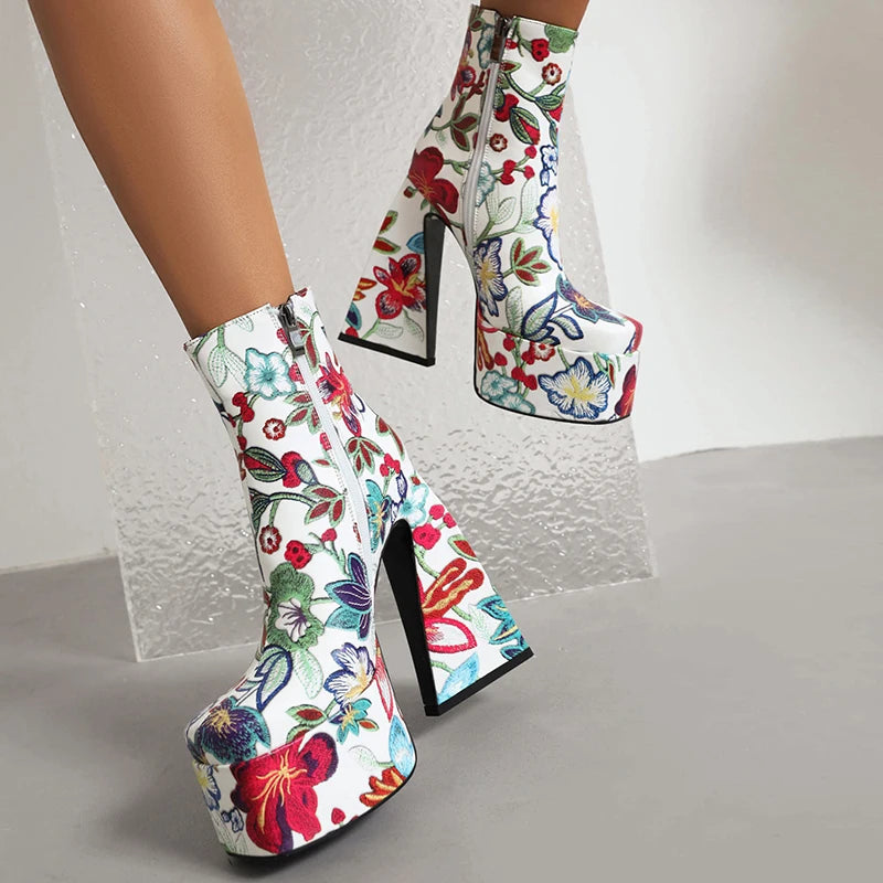 Colorful Flower Pattern Super High Cutout Chunky Heel Ankle Boots