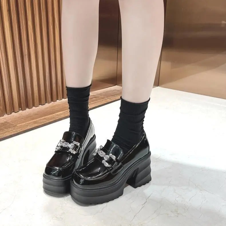 British Style Chunky Thick High Heel Satile Small Leather Shoes