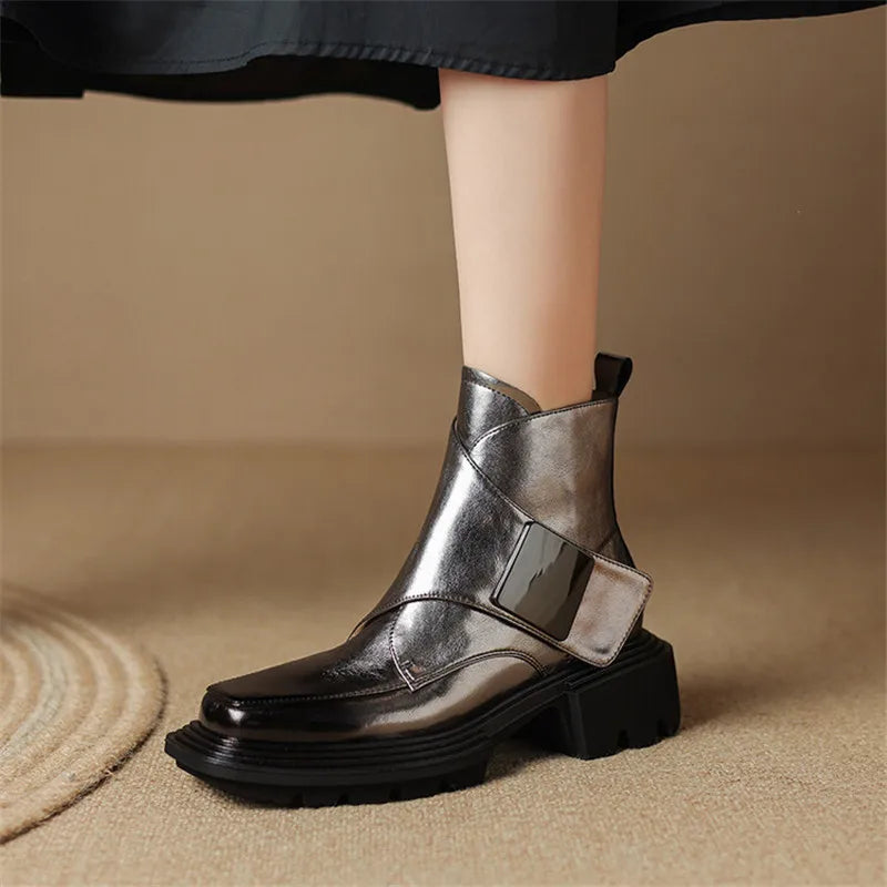Split Leather Women Boots Square Toe Chunky Heel Platform Boots