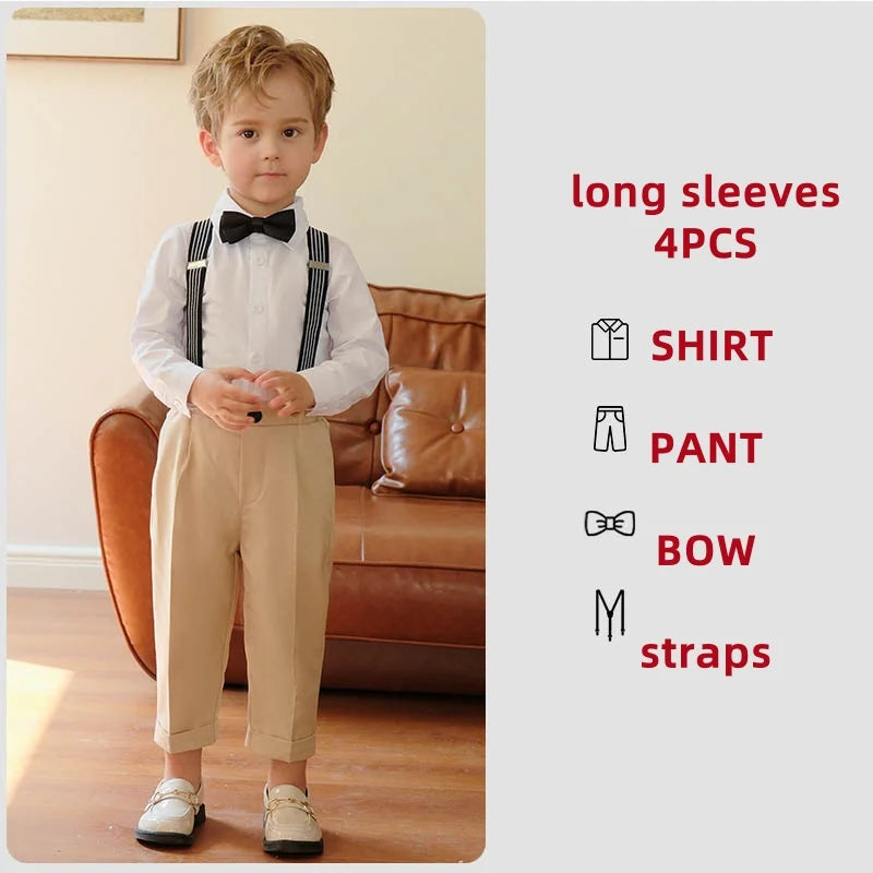 4 Pieces/set Boys Formal Elegant British Style Strap Shirts Outfits Set