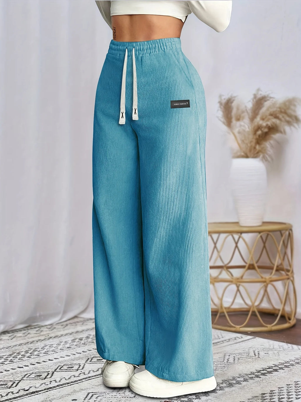 Women's Solid Tapered Trousers - Soft Comfortable All-Season Casual Pants with Drawstring Waist & Cuffed Hem Straight-Leg Design