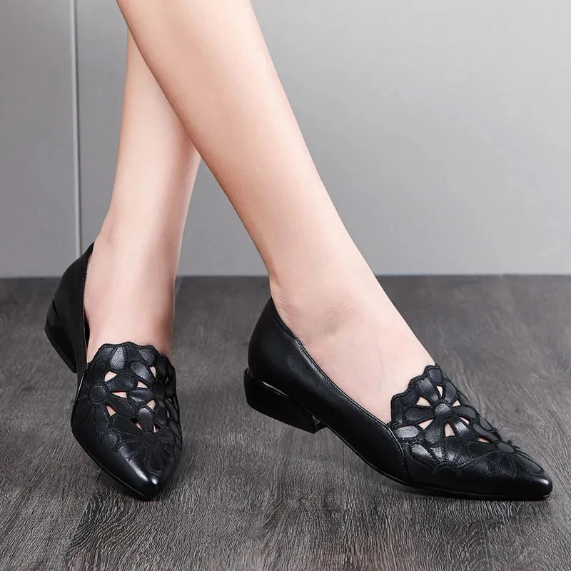 Mid Heel Leather Hollow Out Black Square Heel Shoes