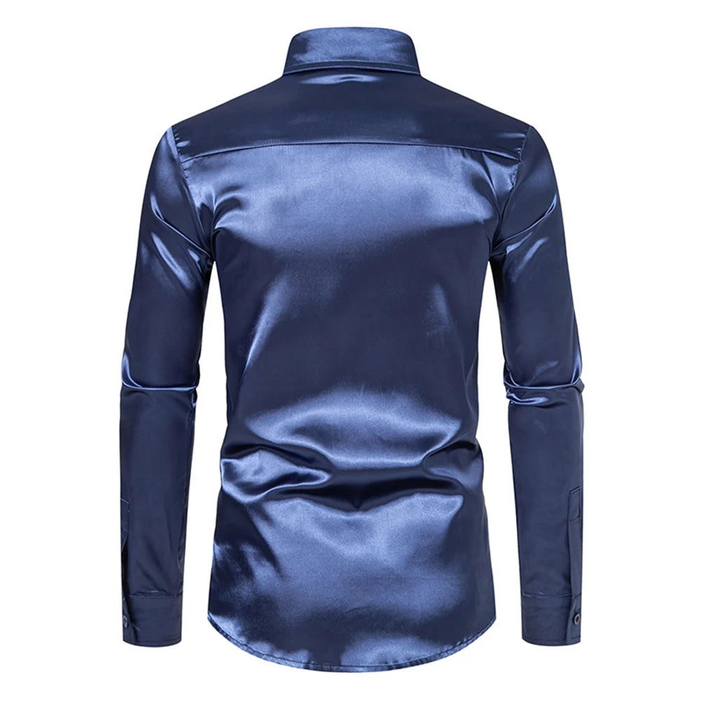 Slim Fit Single Breasted Button Lapel Collar Casual Satin Silk Dress Shirt