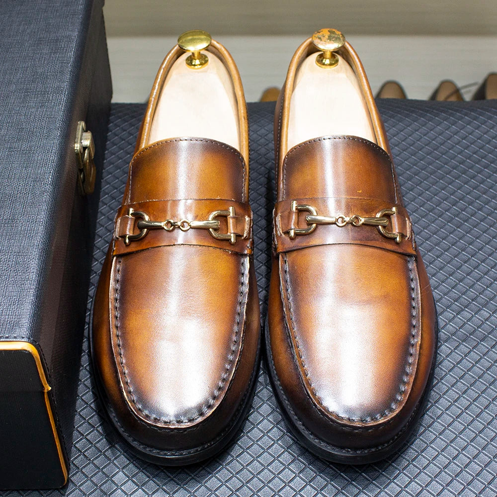 Handmade Genuine Leather Metal Chain Loafers