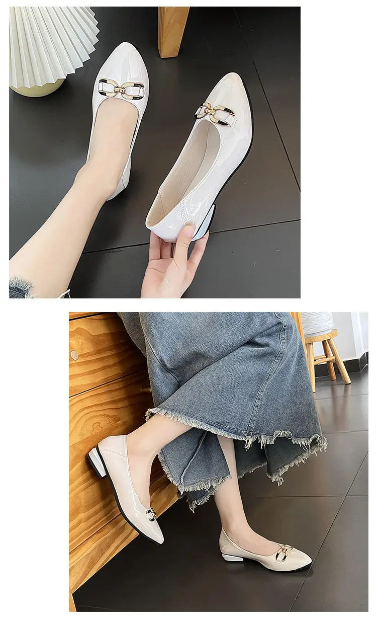 Pointed Toe Patent Leather Low Heel Single Slip on Classic Shoes