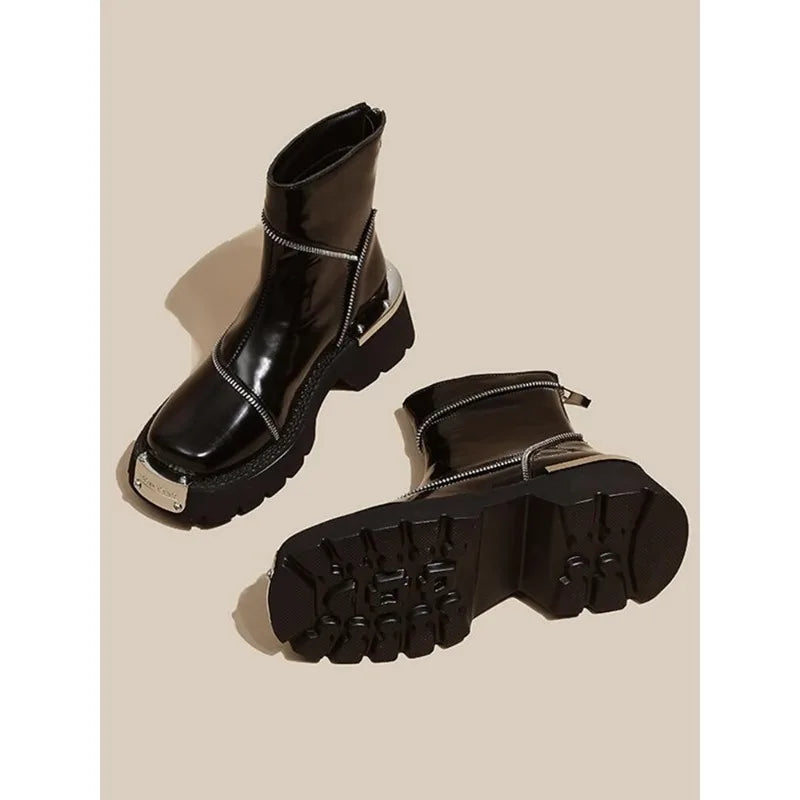 British Style Square Toe Chelsea Boots Retro Metal Functional Booties