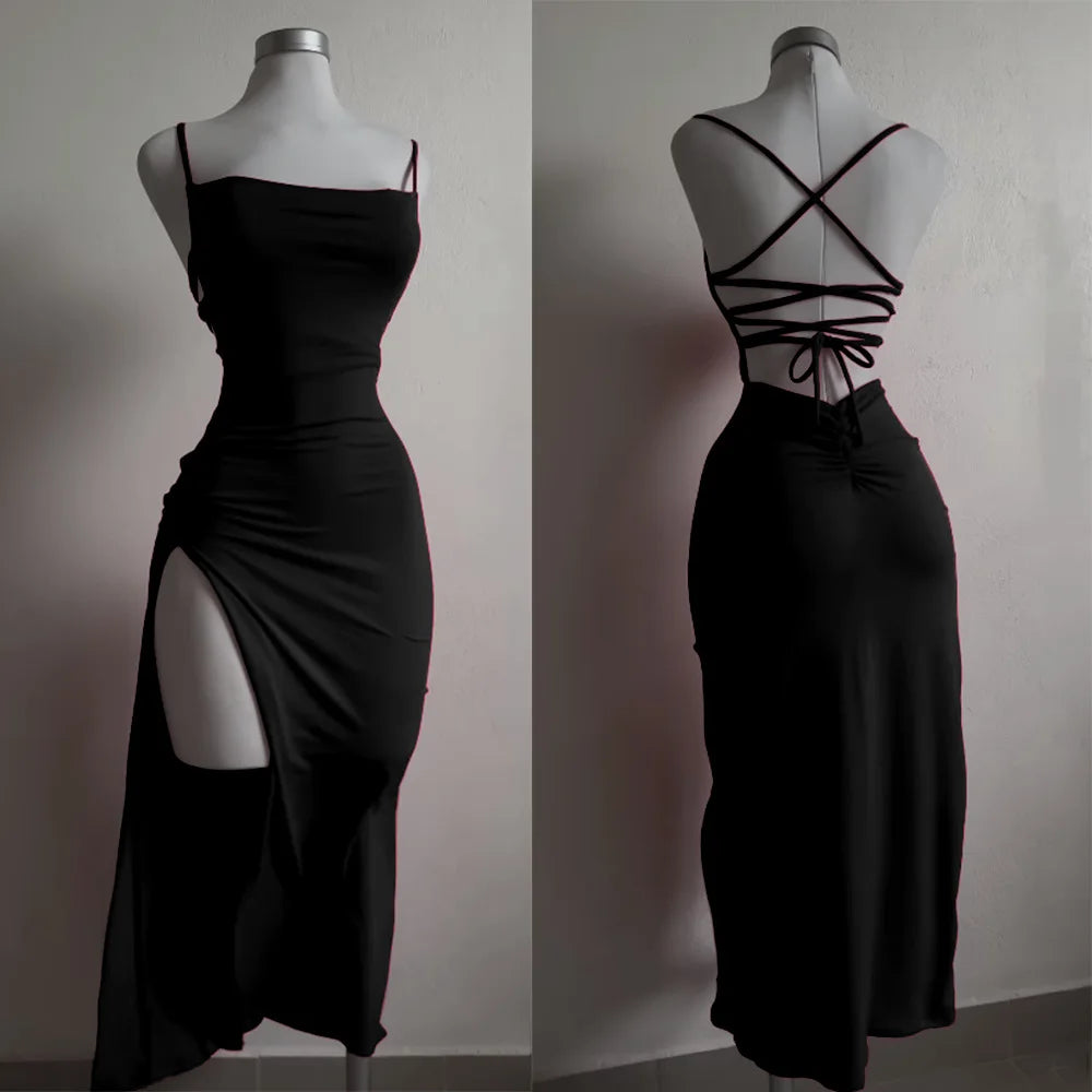 Elegant Sexy Bodycon Sleeveless Halter Back Tie Backless Split Dress